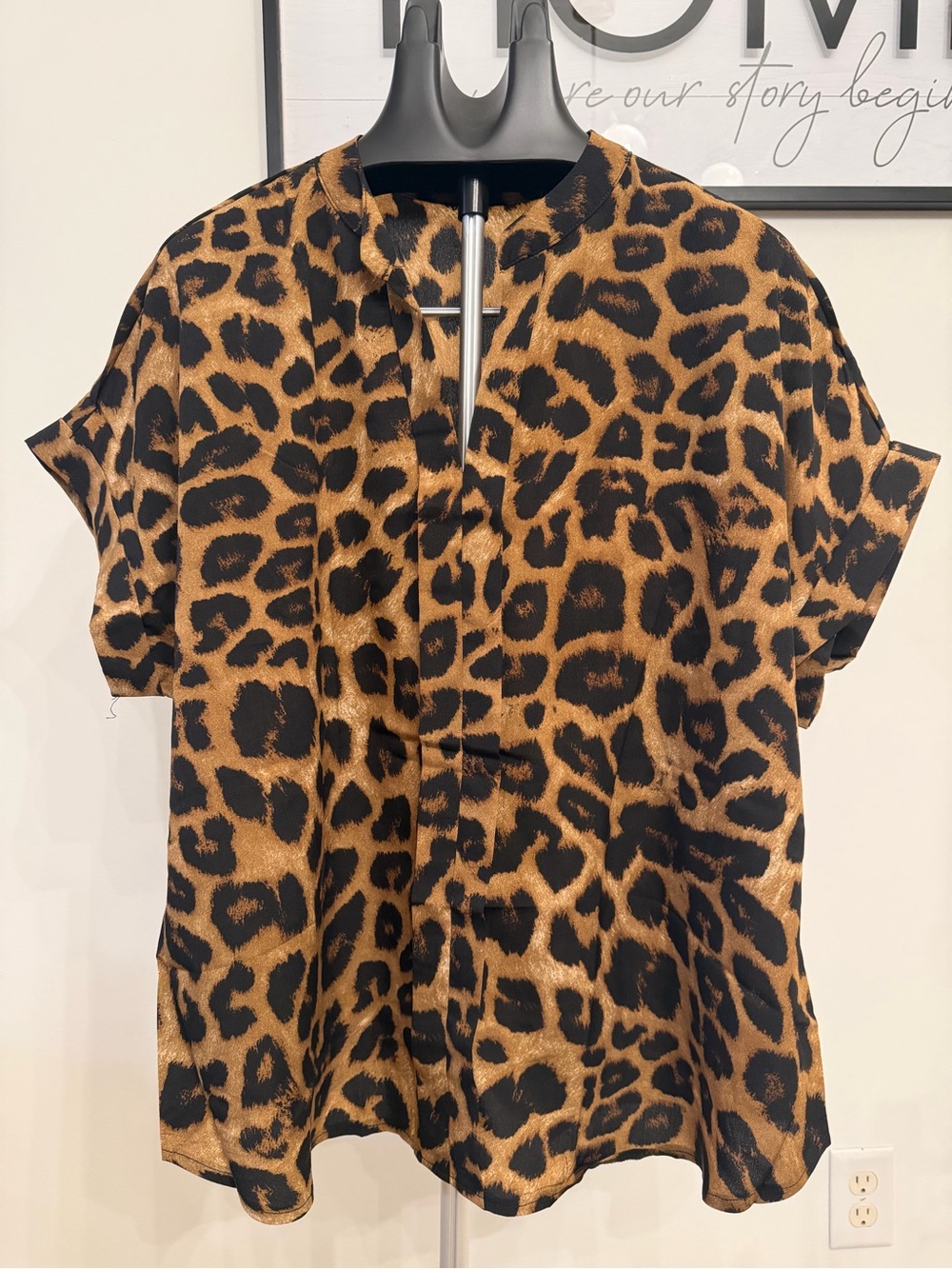 Women's Leopard Print Short Sleeve Button-Down Top - Brown/Black